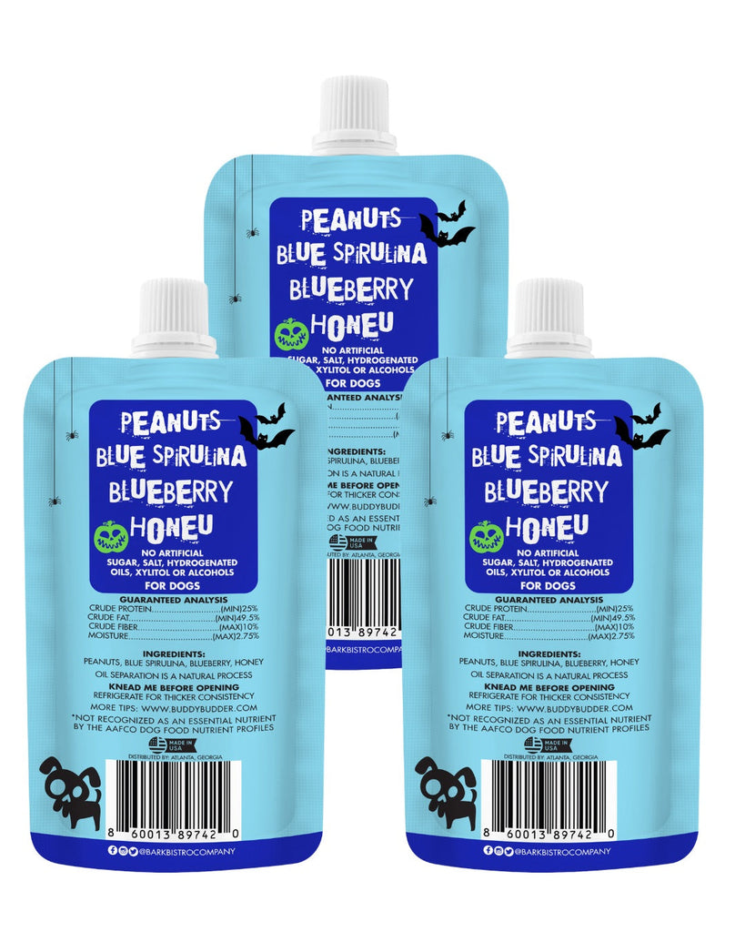 3pk LIMITED EDITION BOO Budder dog peanut butter squeeze packs with peanuts, blue spirulina, blueberry, and honey in Halloween-themed packaging