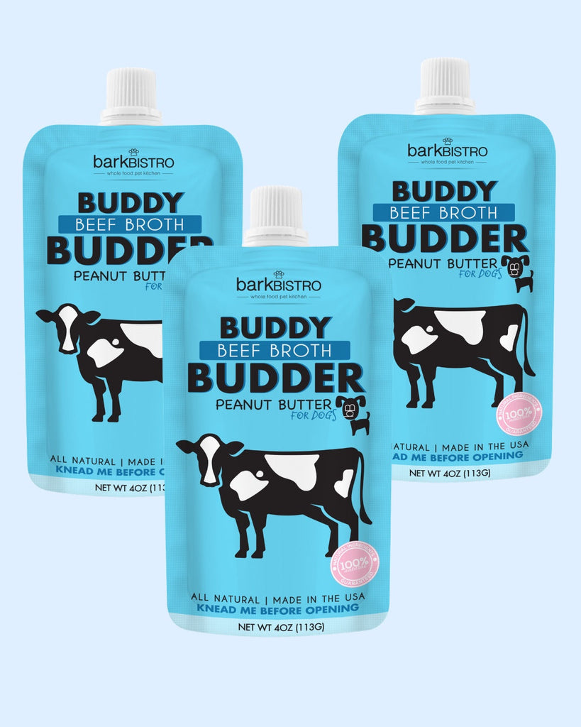 Beef Broth Buddy Budder all natural dog peanut butter squeeze packs in trio, made in USA