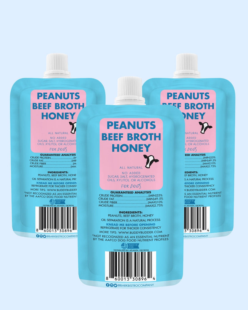 Beef Broth Buddy Budder all natural dog peanut butter squeeze packs with peanuts, beef broth, and honey, made in USA.