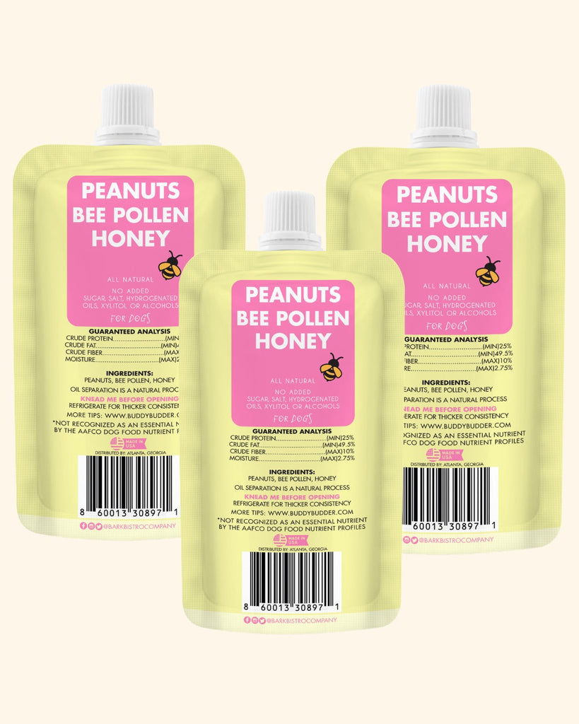 Beehive Buzz Buddy Budder trio pack of 4oz natural dog peanut butter squeeze packs with peanuts, bee pollen, and honey
