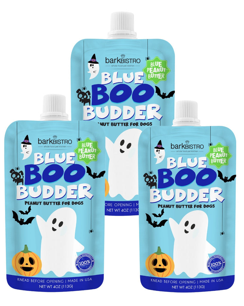 3-pack LIMITED EDITION BOO Budder natural blue peanut butter dog treats with Halloween design