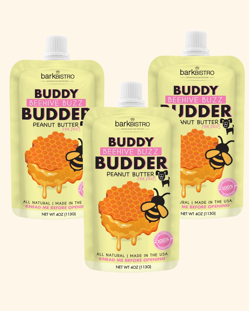 Beehive Buzz Buddy Budder all natural dog peanut butter squeeze packs with honey and bee pollen, made in USA, trio 4oz pouches