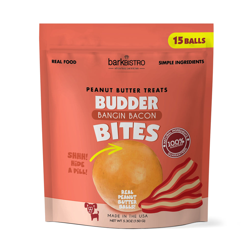 Bangin Bacon Buddy Budder Bites peanut butter dog treats, 15 balls, 5.3oz package.