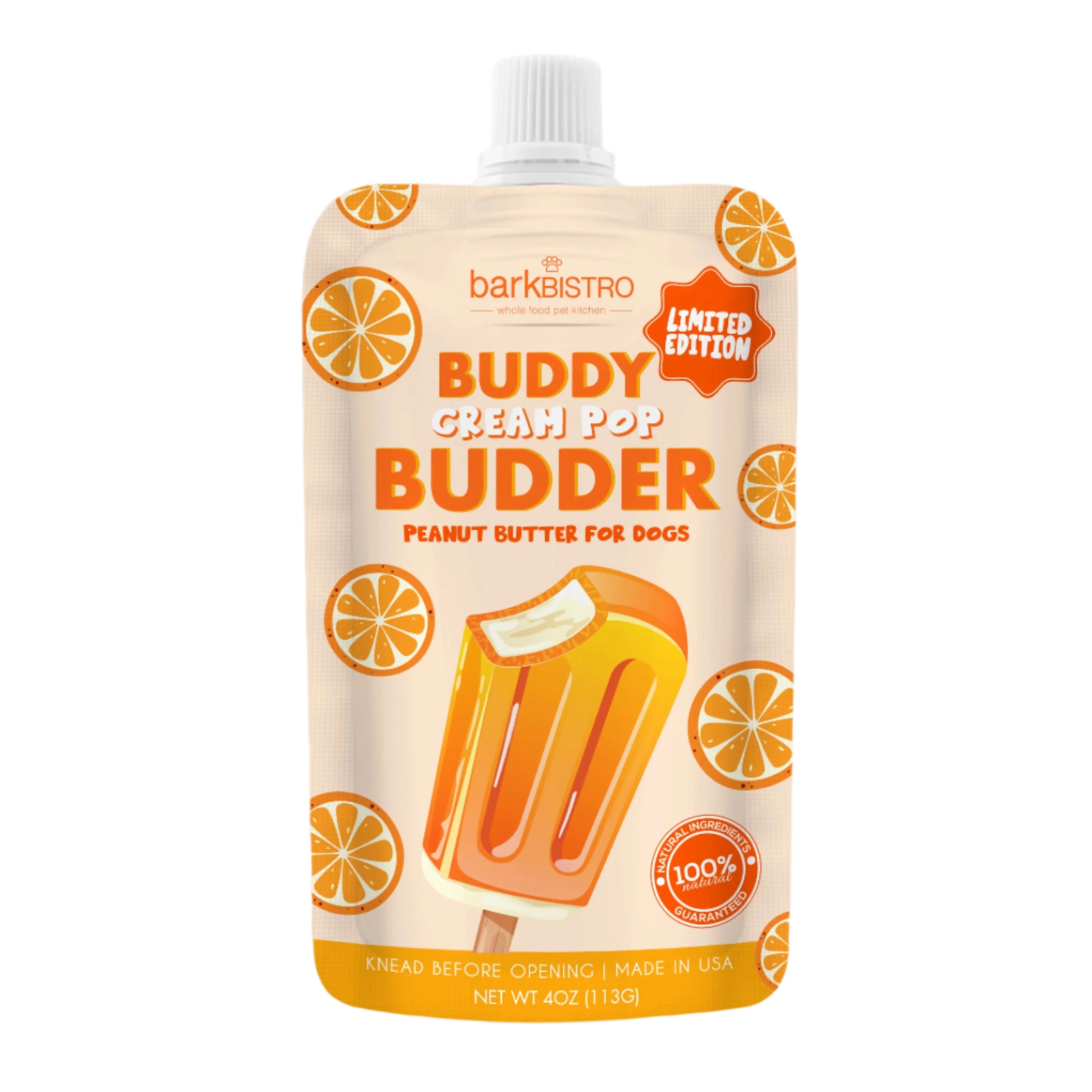 Bark Bistro Limited Edition Orange Cream Pop Buddy Budder Dog Peanut Butter Treat