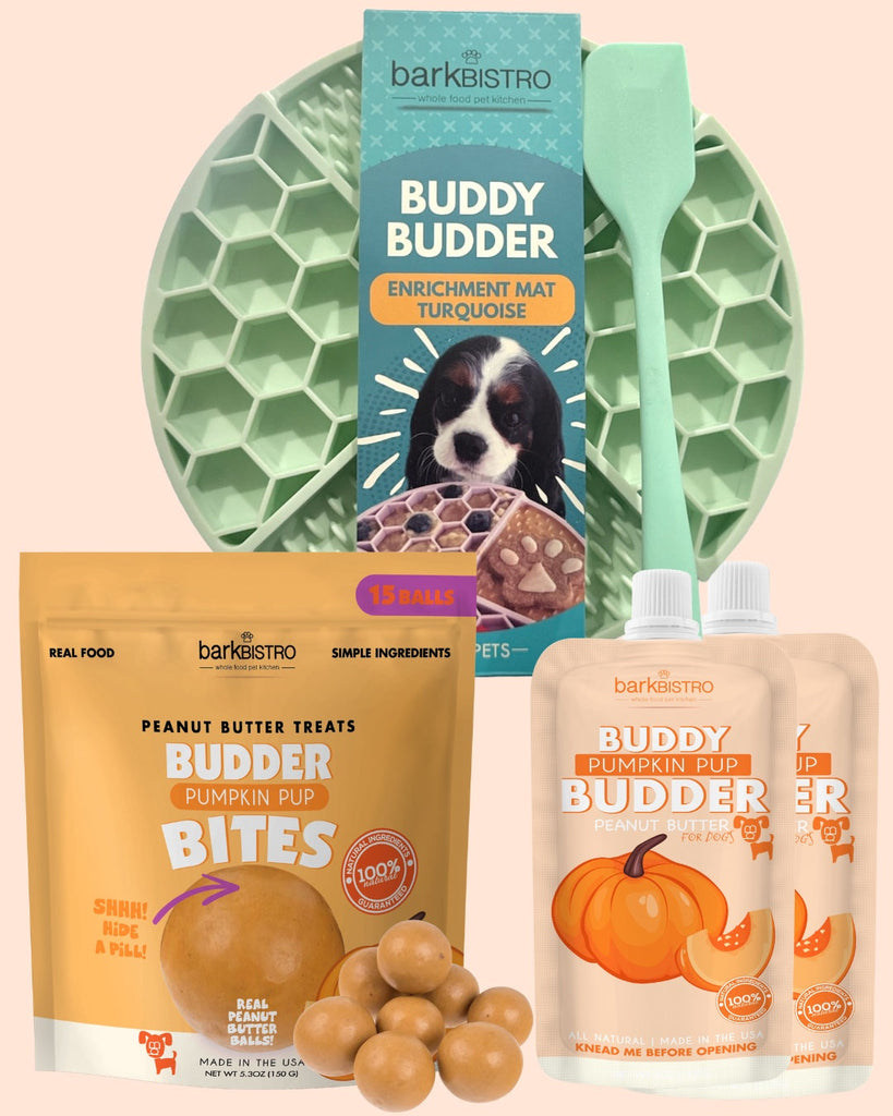 Pumpkin Pawty Kit with pink lickmat, Pumpkin Pup Budder Bites, Buddy Budder packs.
