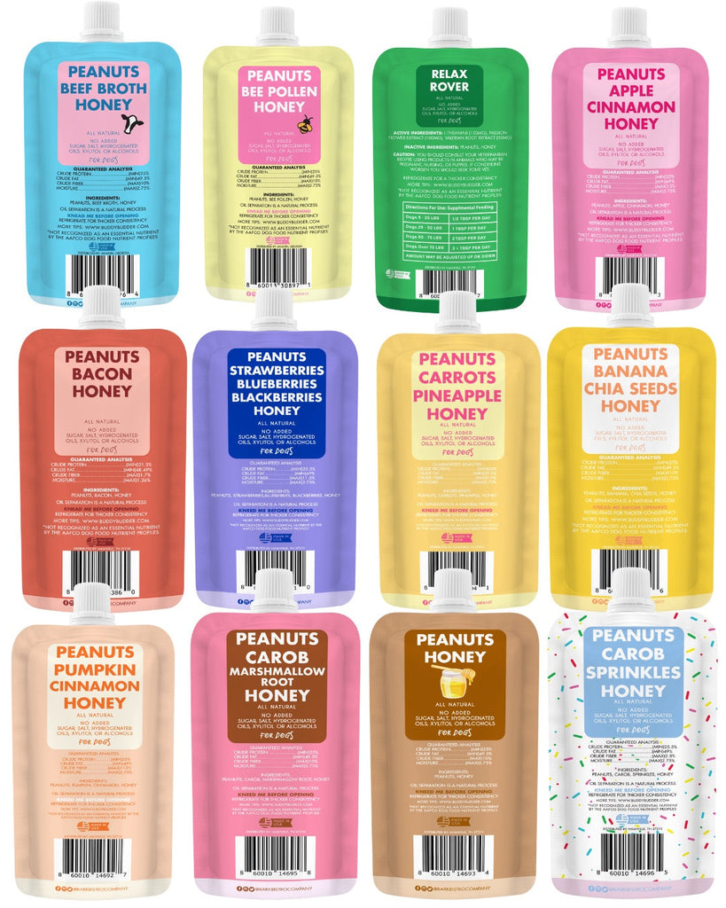 12-pack variety squeeze pack of 100% natural dog peanut butter with 10 different flavors in colorful pouches for healthy dog treats and snacks