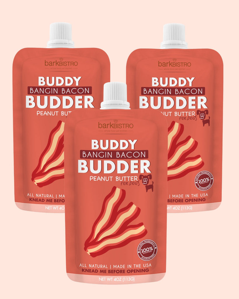 Three 4oz squeeze packs of Bangin Bacon Buddy Budder all natural dog peanut butter with bacon flavor, made in USA