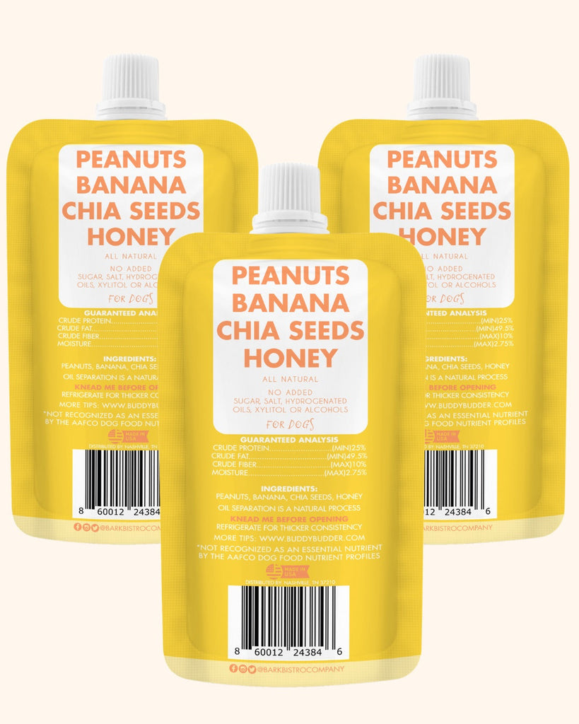 Barkin Banana Buddy Budder natural dog peanut butter squeeze packs with peanuts, banana, chia seeds, and honey, made in USA