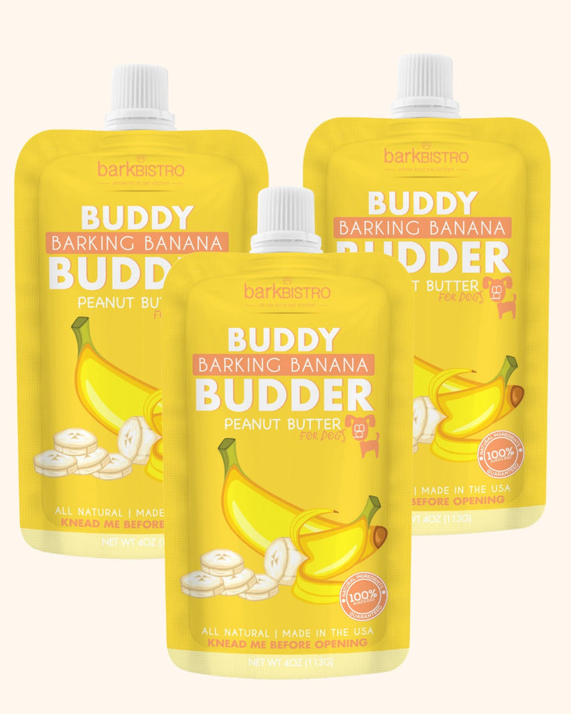 Barkin Banana Buddy Budder all-natural dog peanut butter squeeze packs with banana and peanut butter, made in USA