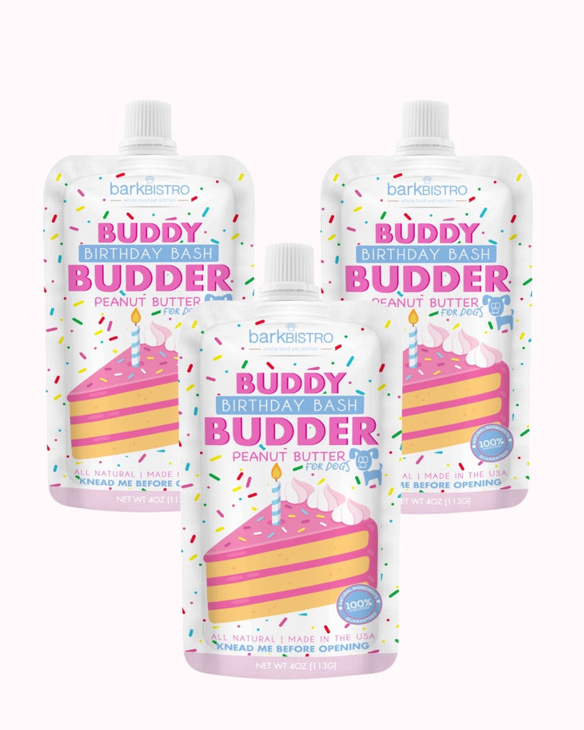 Birthday Bash Buddy Budder all natural peanut butter squeeze packs for dogs, trio 4oz pouches with festive cake design
