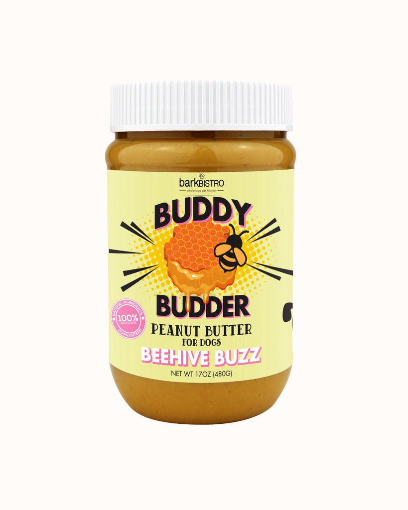 BEEHIVE BUZZ BUDDY BUDDER 17oz natural dog peanut butter with bee pollen and honey in a jar