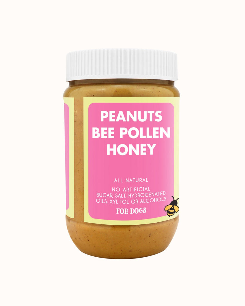 BEEHIVE BUZZ BUDDY BUDDER natural dog peanut butter with peanuts, bee pollen, and honey in 17oz jar