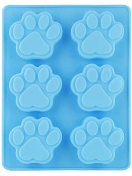 Blue paw print silicone mold with six cavities for making homemade treats, food grade and easy to clean.