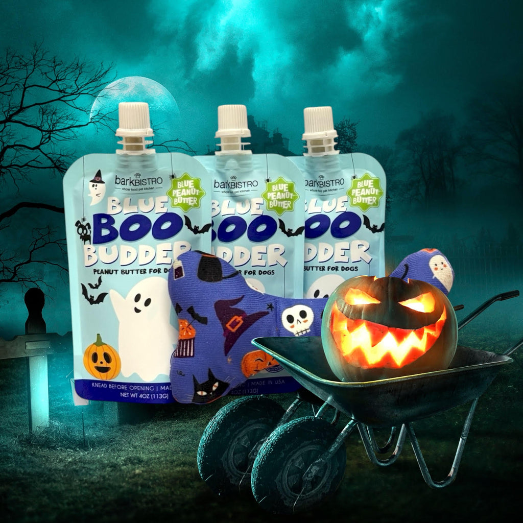 3-pack LIMITED EDITION BOO Budder natural peanut butter for dogs with Halloween toy and spooky packaging
