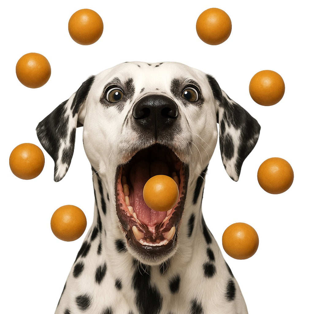 Dalmatian catching Buddy Budder Bites from Bestie Budder Bundle.