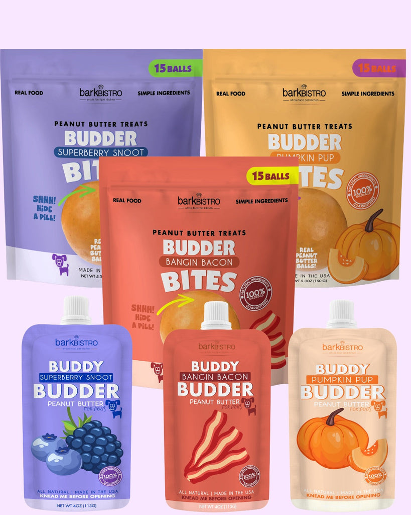 Bestie Budder Bundle with Buddy Budder and Budder Bites in Pumpkin, Superberry, Bacon flavors for dogs.