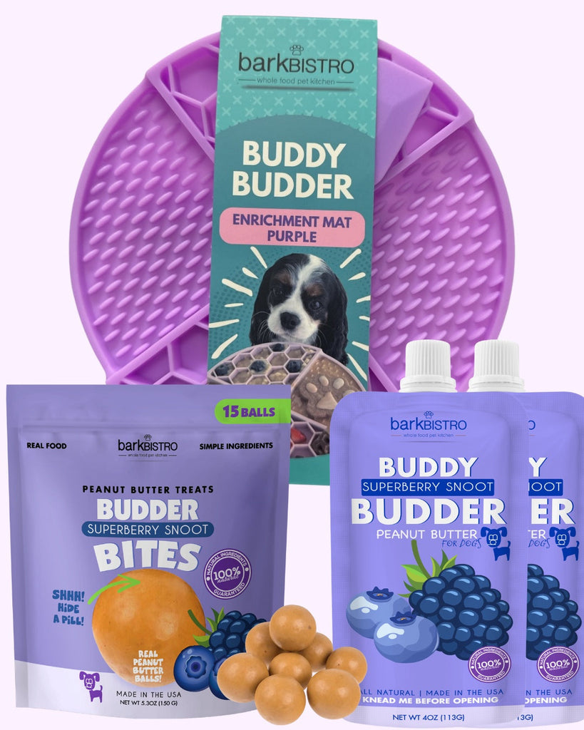 Superberry Snaccidents Kit featuring a purple lickmat, Superberry Snoot Budder Bites with blueberry flavor, and Buddy Budder Squeeze Packs for dogs.