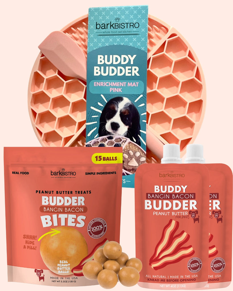 Pink lickmat with Bangin Bacon Budder Bites and Buddy Budder for dogs.