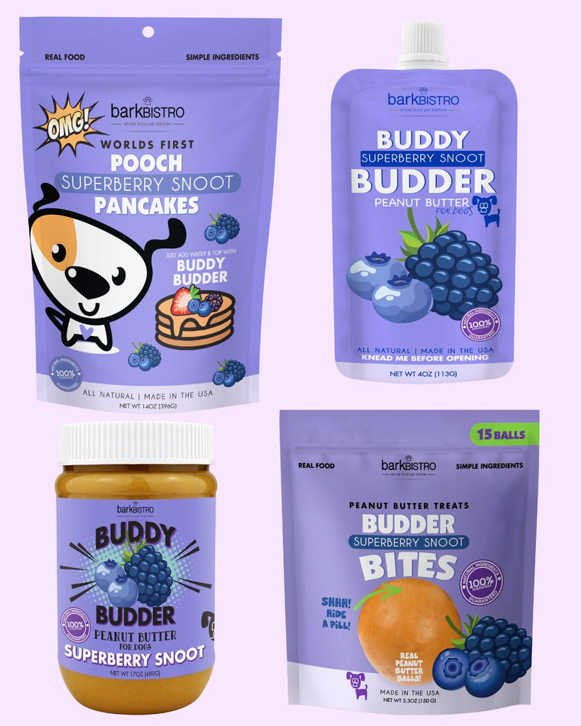 Ultimate Superberry Snoot Bundle for dogs with Budder Bites, Pooch Pancakes, and Buddy Budder in purple packaging. Made in USA.