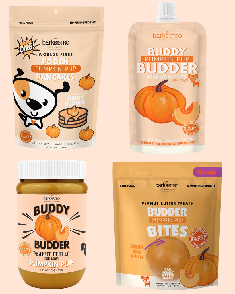 Pumpkin Pup Bundle featuring pancakes, buddy budder, and bites for dogs.