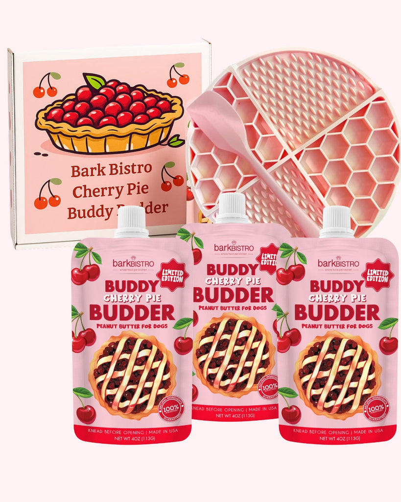 Limited Edition Cherry Pie Buddy Budder dog peanut butter squeeze packs with pink lickmat and spatula set