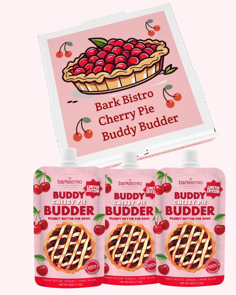 Cherry Pie Buddy Budder limited edition dog peanut butter squeeze packs with cherry pie design box