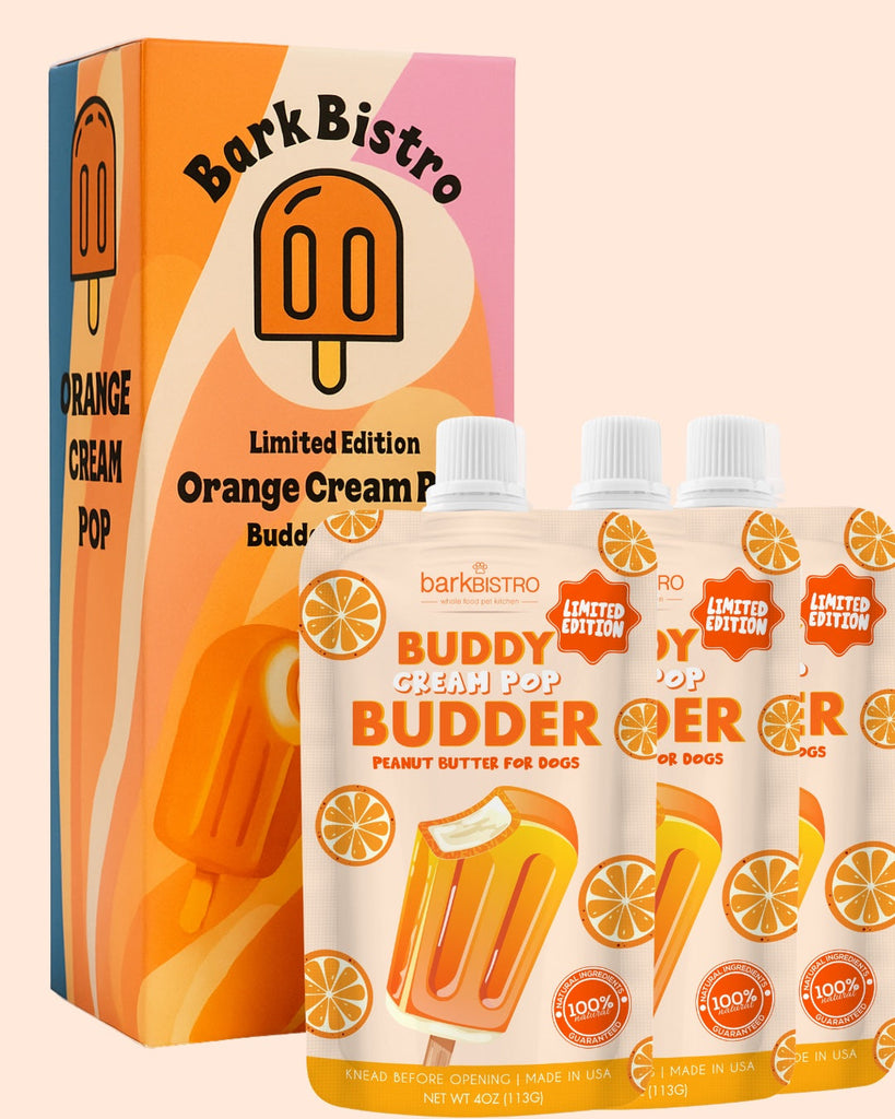 Limited Edition Orange Cream Pop Buddy Budder all natural dog peanut butter squeeze packs with orange, vanilla, and honey flavors