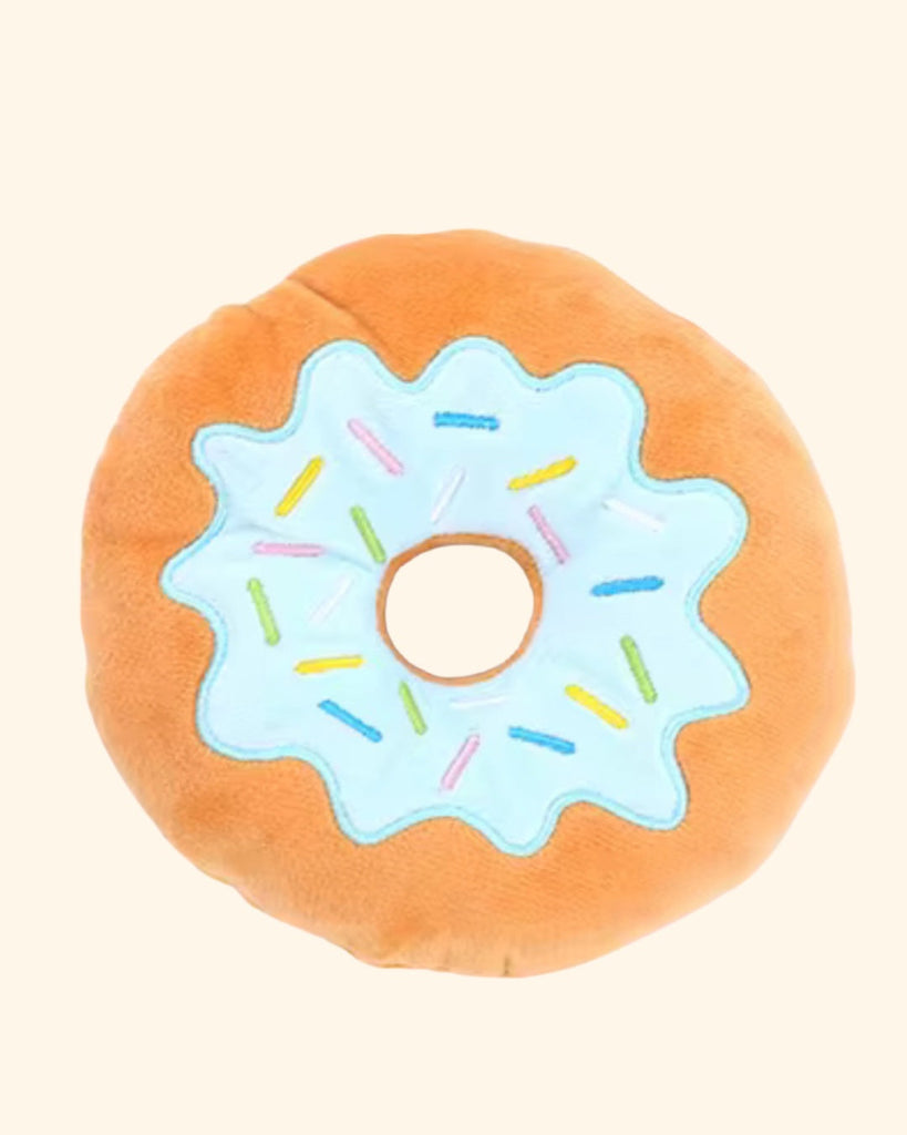 Plush glazed donut dog toy with colorful sprinkles for dogs.