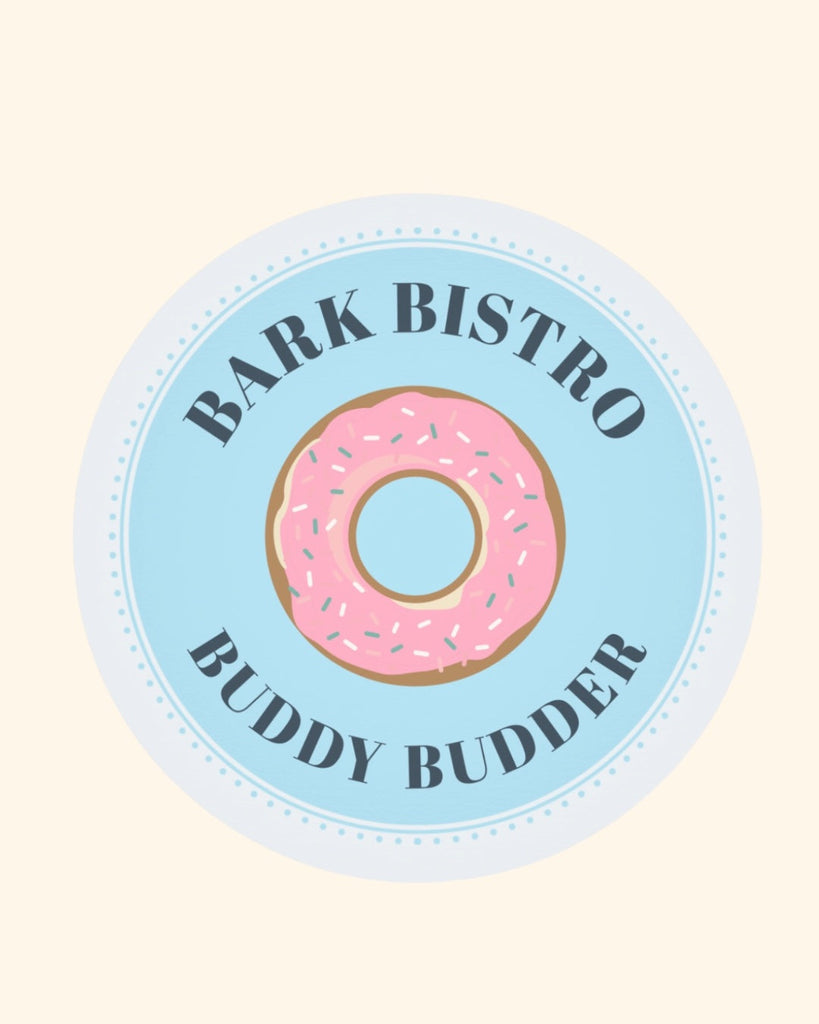 Bark Bistro Buddy Budder logo with pink glazed donut and sprinkles on blue background