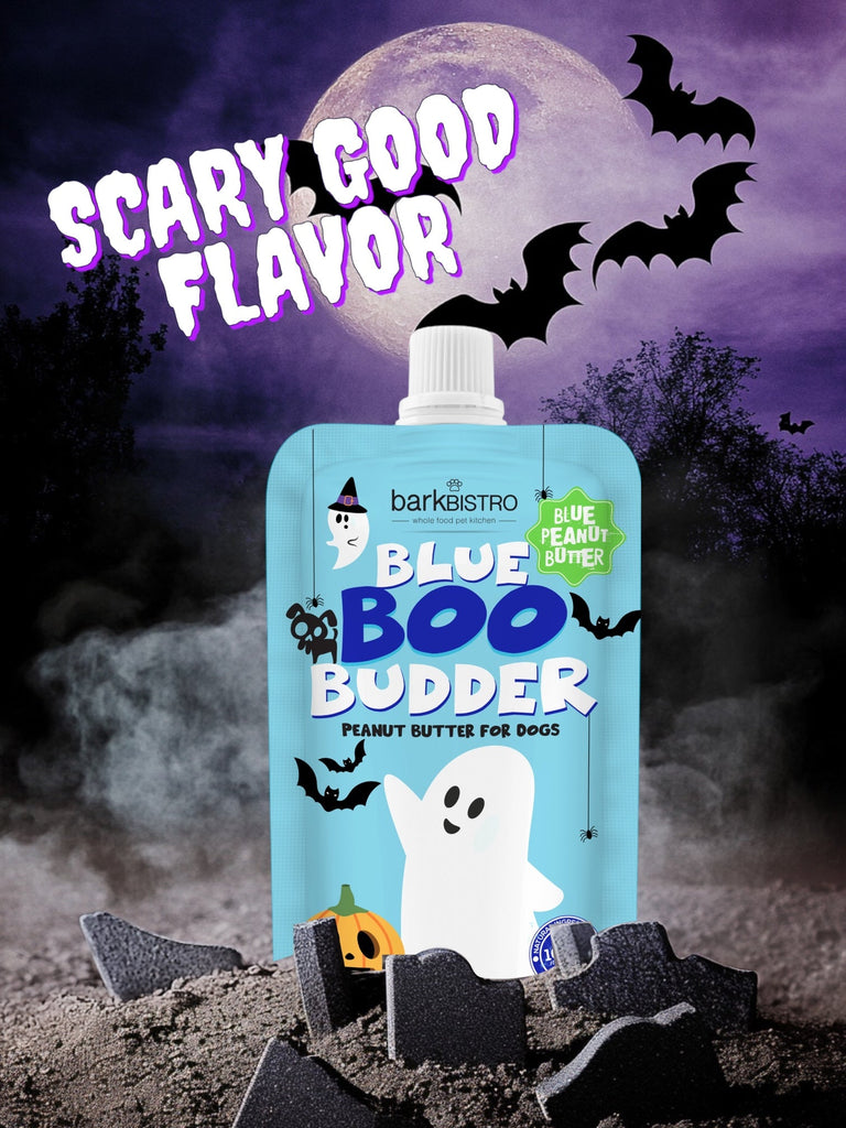 Limited edition Glazed Donut Buddy Budder dog peanut butter squeeze pack with Halloween theme and natural ingredients