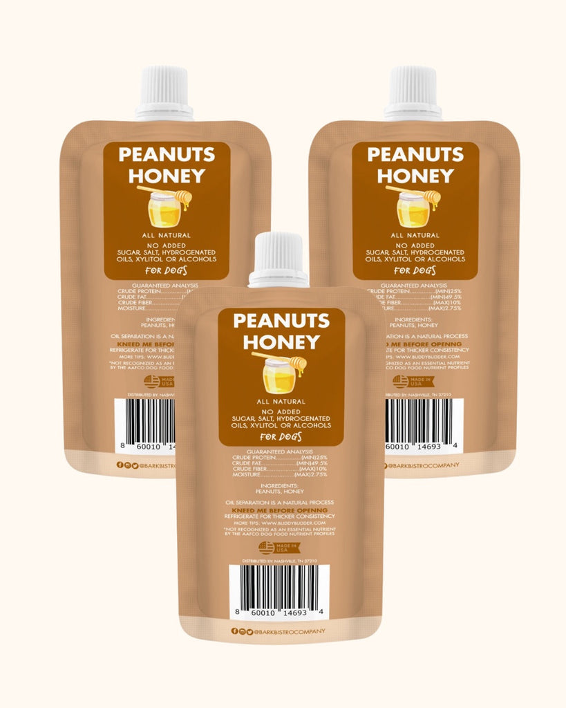 Ruff Ruff Raw all natural dog peanut butter squeeze packs with peanuts and honey, made in USA, trio 4oz bundle