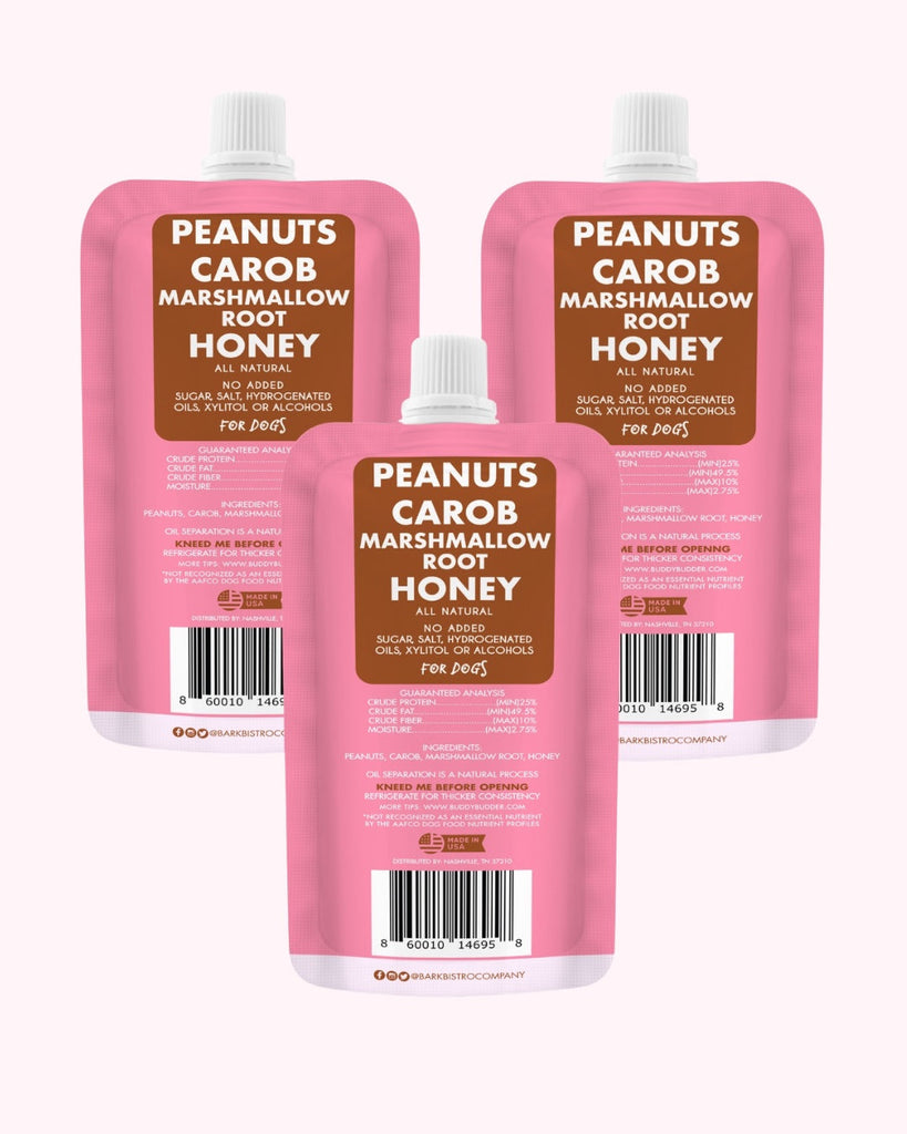 Gimme S'mores Buddy Budder natural dog peanut butter squeeze packs with peanuts, carob, marshmallow root, and honey, made in USA.