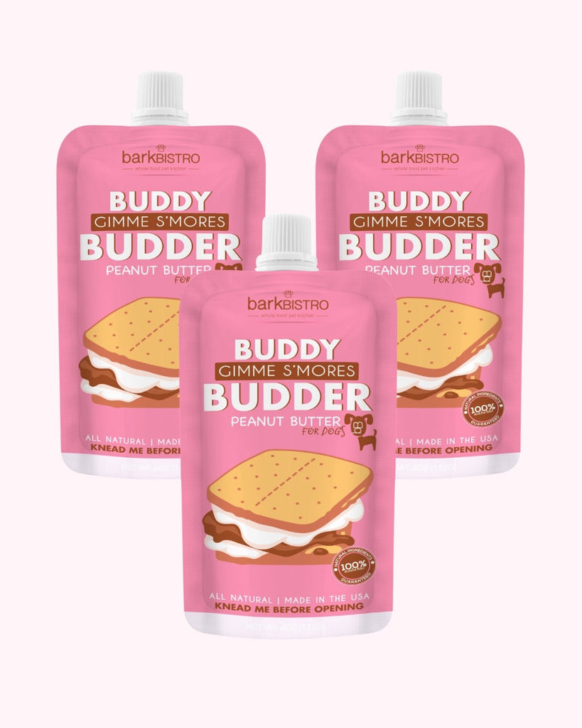 Gimme S'mores Buddy Budder natural peanut butter squeeze packs for dogs, made in USA, trio 4oz