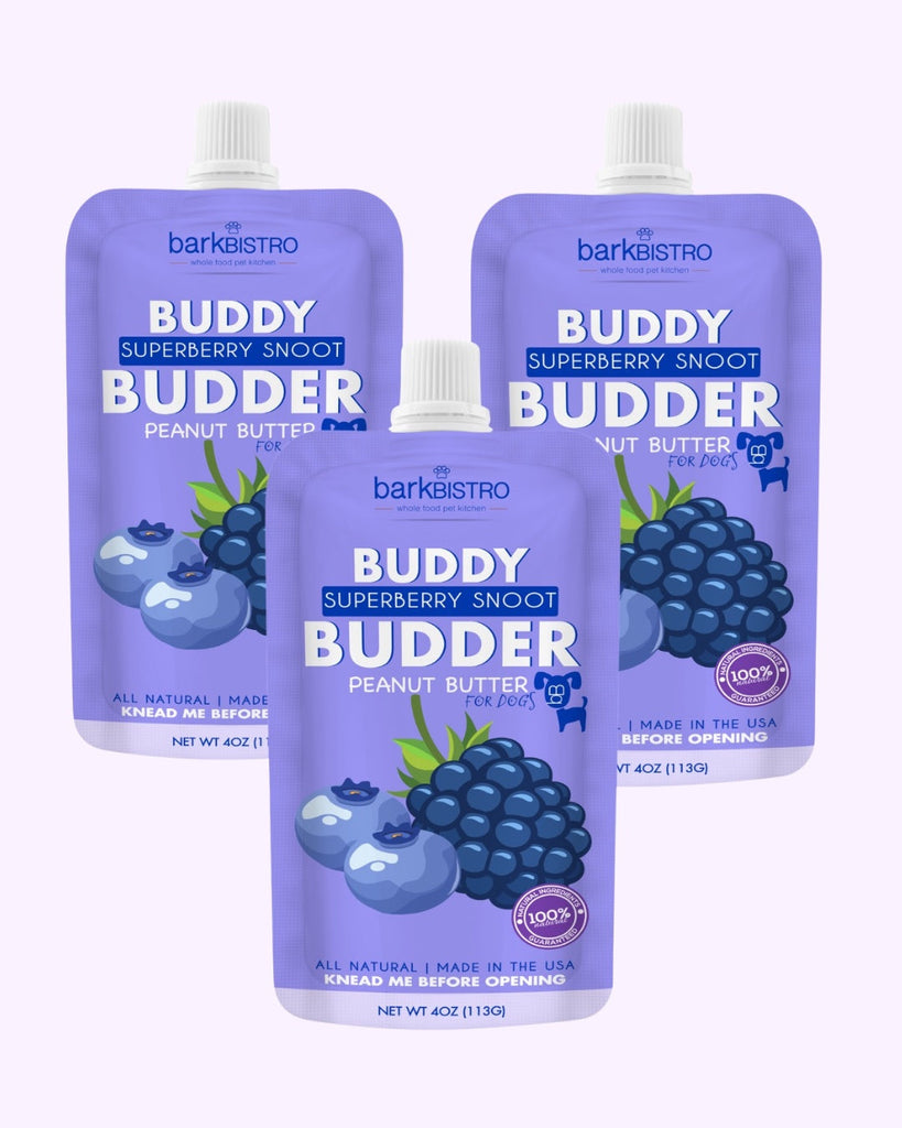 Superberry Snoot Buddy Budder bundle of three 4oz all-natural dog peanut butter squeeze packs with blueberry and strawberry flavors