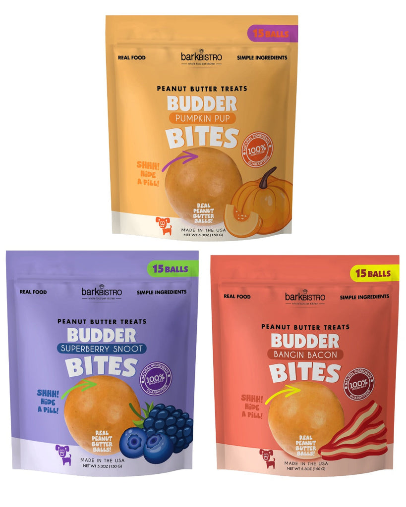 Buddy Budder Bites 3-pack with pumpkin, bacon, and superberry flavors for dogs.