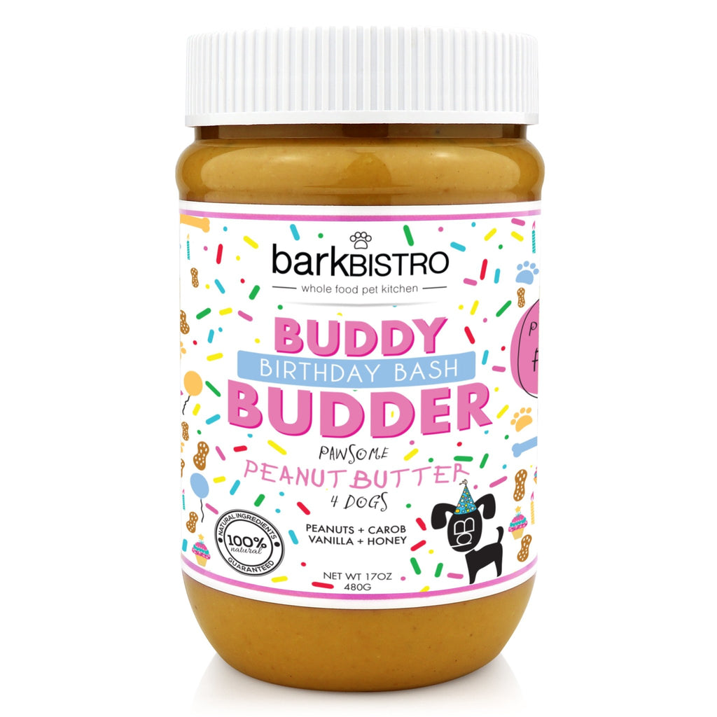 Birthday Bash BUDDY BUDDER- 100% natural Dog Peanut Butter, Made in USA 17oz jar - Bark Bistro