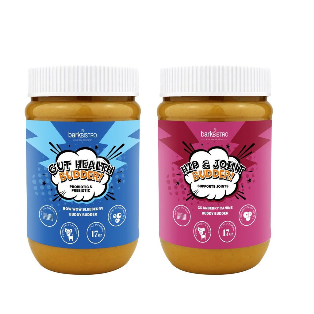 Cranberry Canine + Bow-Wow Blueberry BUDDY BUDDER - 100% natural Dog Peanut Butter, Made in USA 17oz jar - Bark Bistro