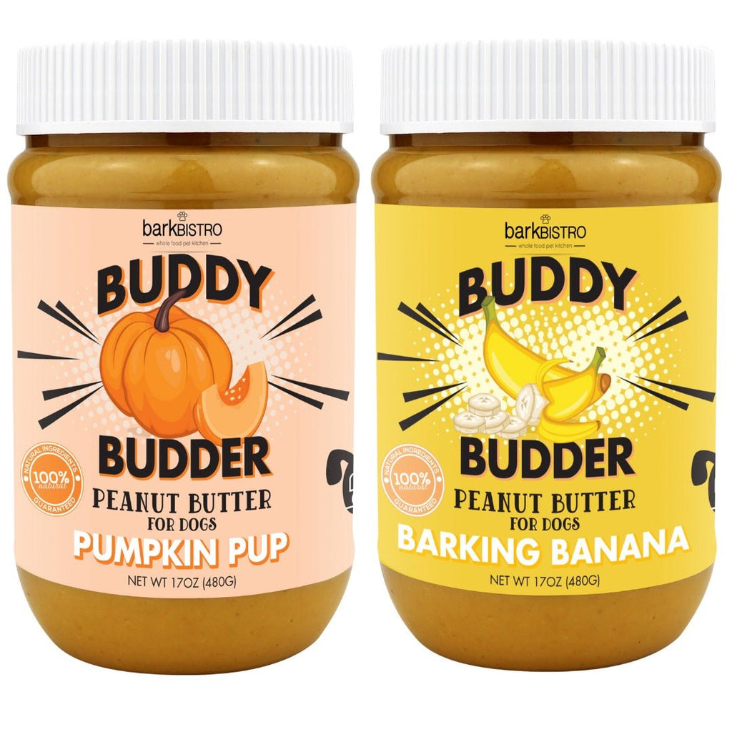 Pumpkin Pup + Barkin' Banana BUDDY BUDDER - 100% natural Dog Peanut Butter, Made in USA 17oz jar - Bark Bistro