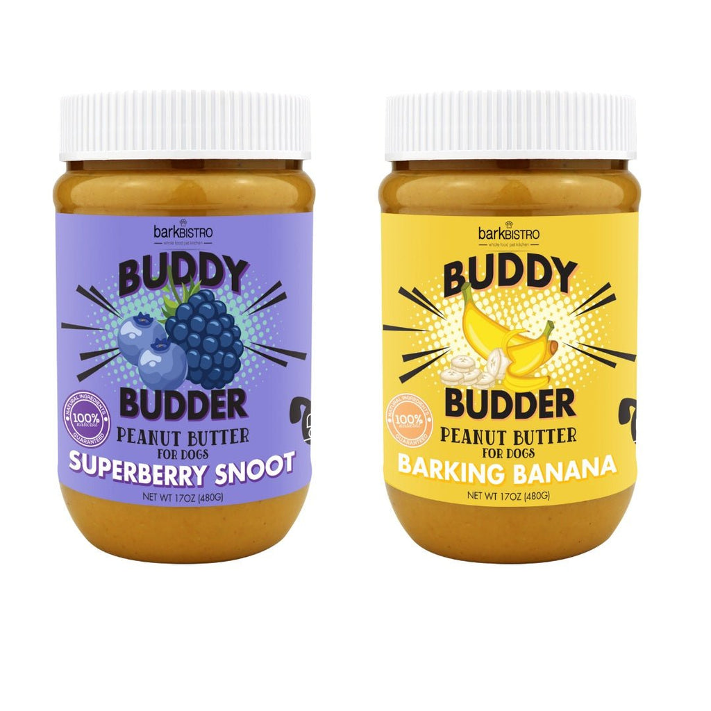 Superberry Snoot + Barkin' Banana BUDDY BUDDER - 100% natural Dog Peanut Butter, Made in USA 17oz - Bark Bistro