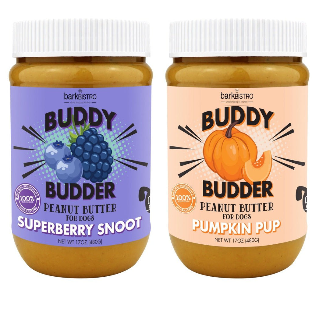 SuperBerry Snoot + Pumpkin Pup BUDDY BUDDER -100% natural Dog Peanut Butter, Made in USA 17oz - Bark Bistro